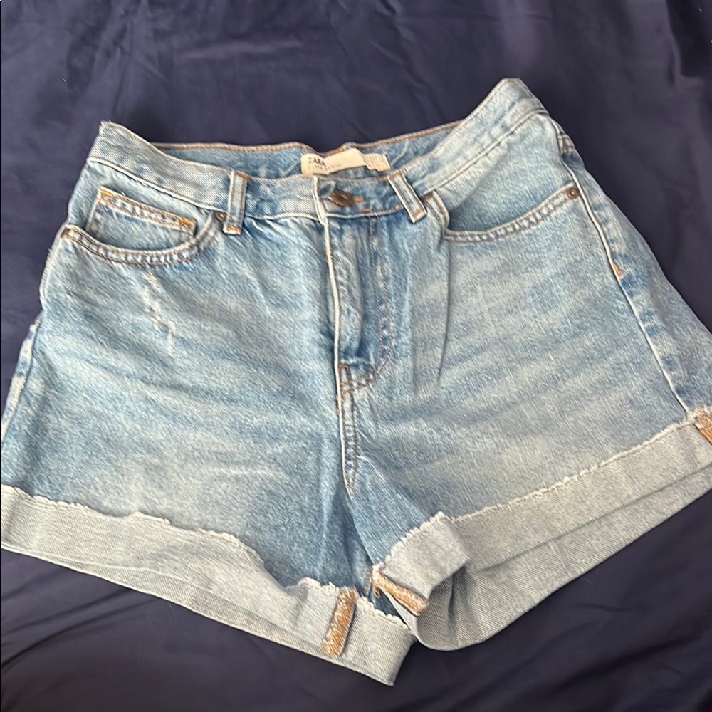 Zara Blue Jean Shorts High-Waisted Cuffed